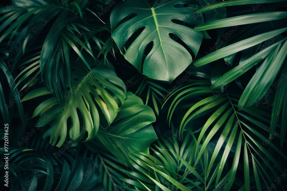 closeup nature view of green leaf and palms background. Flat lay, dark nature concept, tropical leaf - generative ai closeup nature view of green leaf and palms background. Flat lay, dark nature concept, tropical leaf - generative ai