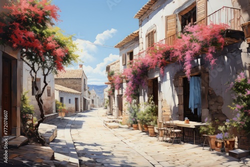 A colorful watercolor painting of a narrow city street with flowers cascading down the sides of buildings and staircases.