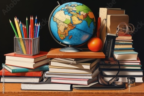 A globe, books, and stationery on the table