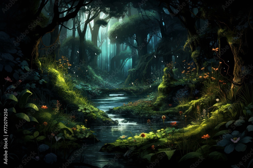 Serene Night forest jungle dark. Tropical tree. Generate Ai Serene Night forest jungle dark. Tropical tree. Generate Ai