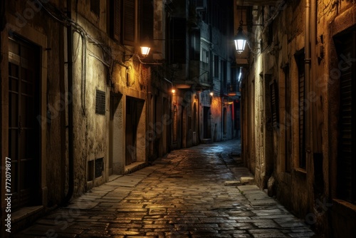 Narrow Night arrow alley. Structure alley. Generate Ai © juliars