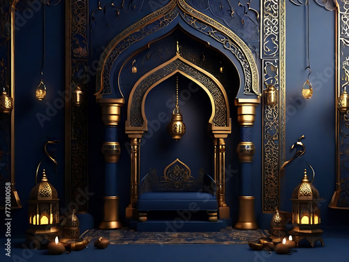 Elegant dark blue mihrab backdrop adorned with golden lantern photo