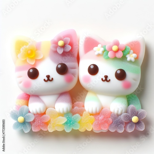 a cute couple cat with flowers made of pastel color rainbow gummy candy on a white background