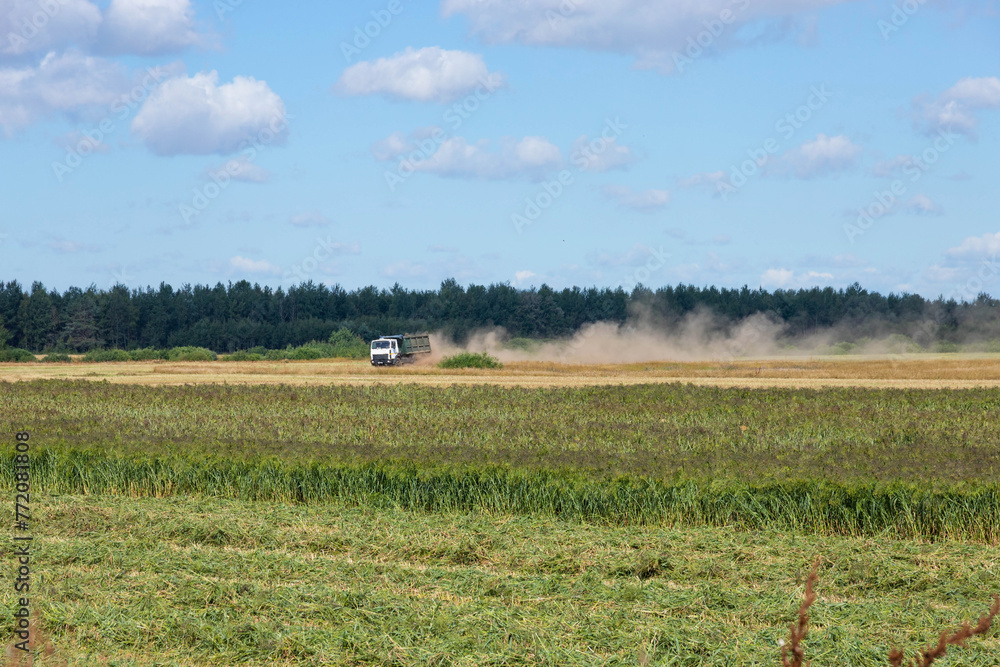 Truck loaded with millet in the countryside, driving across the field. Truck loaded with millet in the countryside, driving across the field.