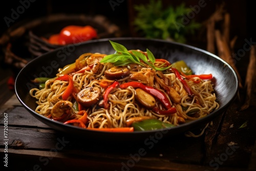 Satisfying Noodles stir fry. Cuisine dish plate. Generate Ai