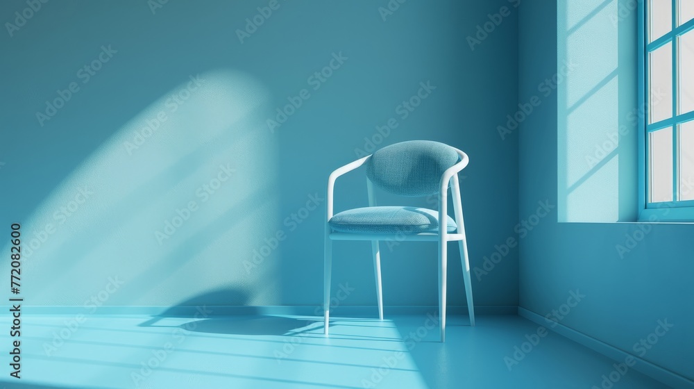 Minimalist Blue Chair in Sunlit Room with Blue Walls and Flooring
 - obrazy, fototapety, plakaty 