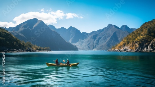 A couple in a yellow kayak paddle on a lake surrounded by mountains