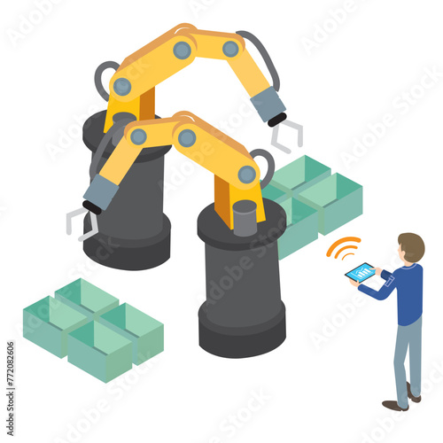 産業用ロボットをタブレット端末で操作する作業者のイラスト
