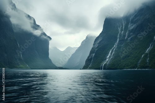 Majestic Norwegian fjord. Lake water europe. Generate Ai photo