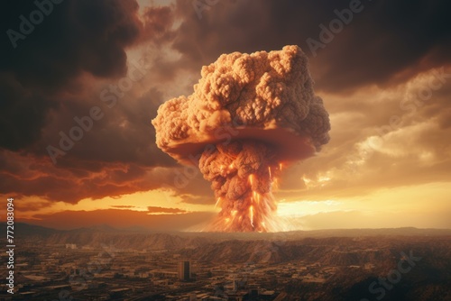 Devastating Nuclear explosion dramatic smoke. Men dictator. Generate Ai