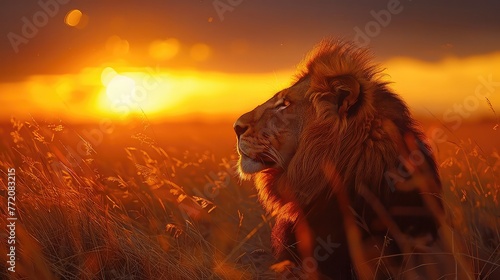 The essence of wild Africa is encapsulated in a single moment as a regal African lion gazes into the distance during a fiery sunset in the Savannah.