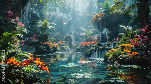 A mystical rendering of a lush tropical rainforest with cascading waterfalls and a diversity of vibrant flora.