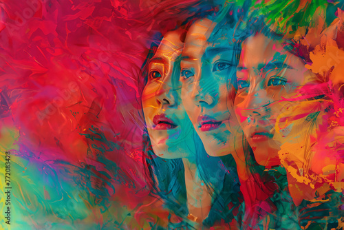 superposition en fondu, moderne et coloré, de 3 visages de femmes asiatiques ou des îles du pacifique. Fond abstrait coloré avec espace négatif copy space. Journée de la femme 8 mars photo