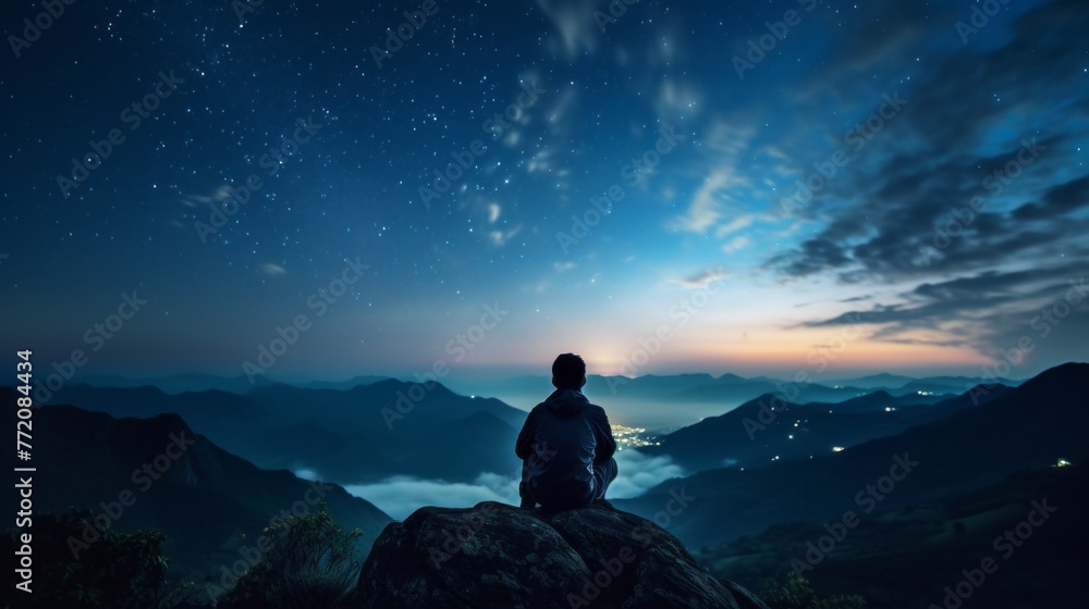 A man is sitting on a rock at night, looking up at the stars