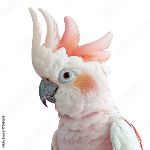 Close up of pink and white cockatoo with fluffy feathers on transparent background © Sona