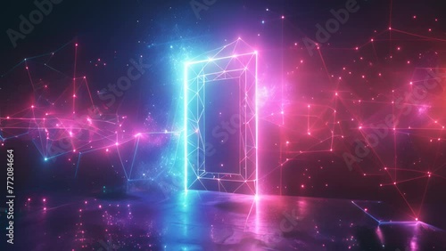 A cosmic gateway opens amidst a network of glowing neon lines and stardust photo