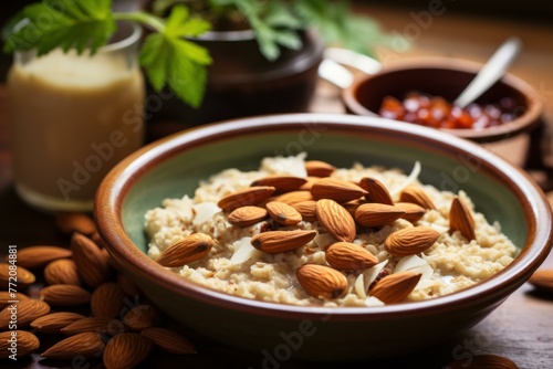 Sweet Oatmeal almonds breakfast. Fresh food. Generate Ai