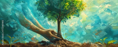 A vibrant painting shows a human hand planting a tree, symbolizing growth and environmental care against a blue backdrop. #772085405