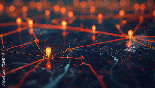 A digital map featuring interconnected location pins, symbolizing global network connectivity and geographic information technology. Concept of global connections and geolocation maps for business.