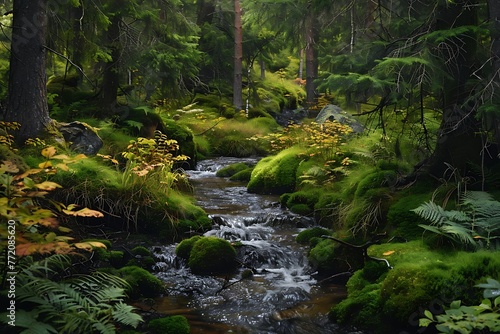 : A lush green forest with a gentle stream, a blanket of moss, and a beautiful array of colors