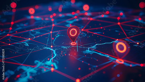 A digital map featuring interconnected location pins, symbolizing global network connectivity and geographic information technology. Concept of global connections and geolocation maps for business.