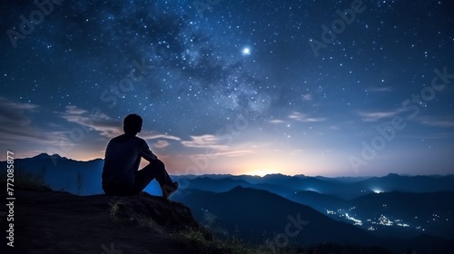 A man is sitting on a mountain top at night, looking up at the stars