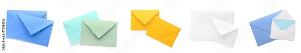 Set of envelopes on white background, top view Set of envelopes on white background, top view