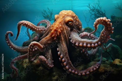 Tranquil Octopus underwater reef. Marine wild. Generate Ai