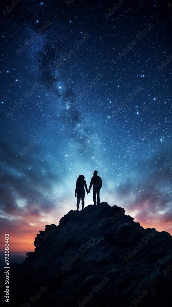 A couple standing on a mountain at night, looking up at the stars