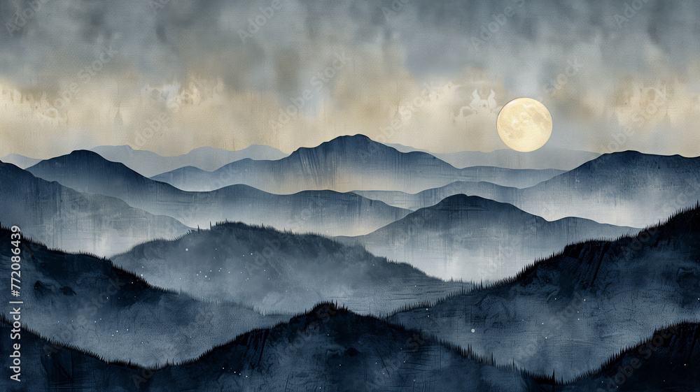moon with mountains in the night sky in the style of Japanese pop art. moon with mountains in the night sky in the style of Japanese pop art.