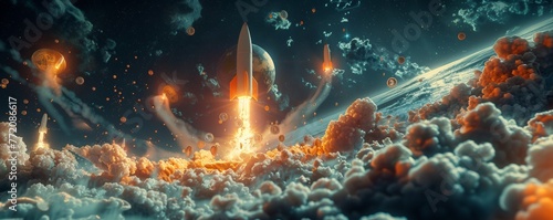 Space rockets launch towards a cosmic horizon powered by the financial energy of flying cryptocurrency coins, symbolizing a high-tech financial future.