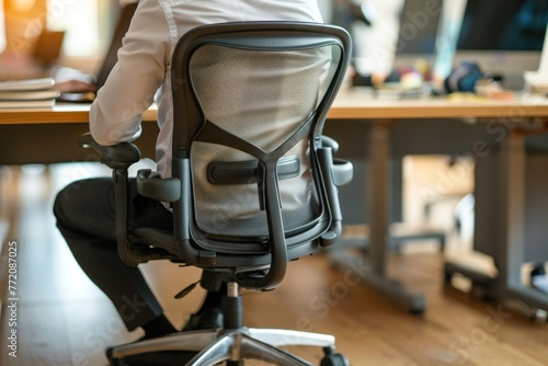 Black modern mesh back office chair on a wooden floor in the office photo