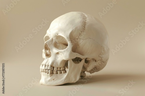 Realistic Human Skull Replica on Beige Background, Detailed Anatomy Study Tool