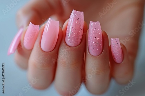 Feminine Hand with Pink Nails and Glitters, Ideal for Beauty and Fashion Themes photo