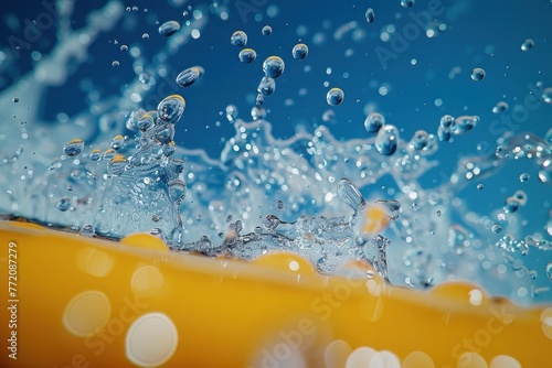 Water Splashing Over Yellow Surface In Blue Water With Air Bubbles