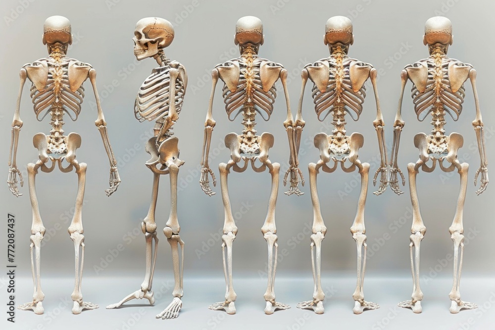 Multiple Human Skeletons of Various Sizes Standing in a Row on a Light Background