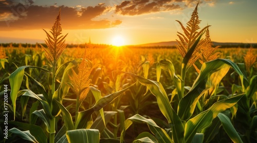  Corn cobs in corn plantation field with sunrise background  