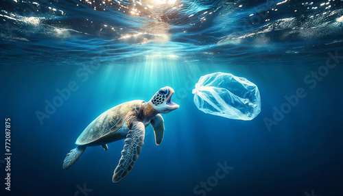 海の漂うビニール袋のゴミを食べてしまうウミガメ photo