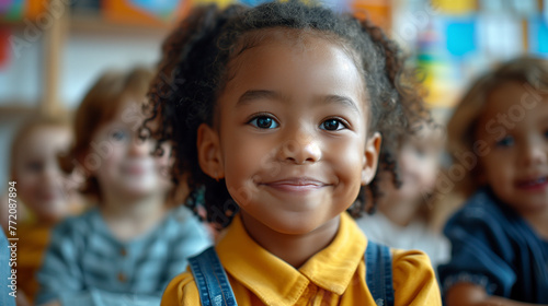 A diverse group of adorable kindergarten children in the classroom come together for creative activities and games