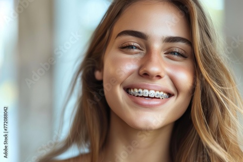 Portrait of a joyful young woman with braces on her teeth smiling happily