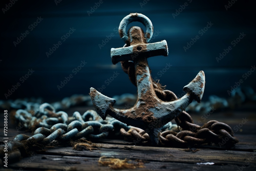Obraz premium Monumental Old ship anchor on blue marine background. Nautical boat equipment for water navigation. Generate ai