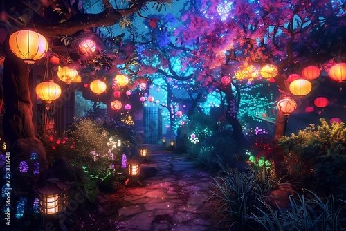   A magical garden with a beautiful array of colors  glowing lanterns  and a peaceful atmosphere