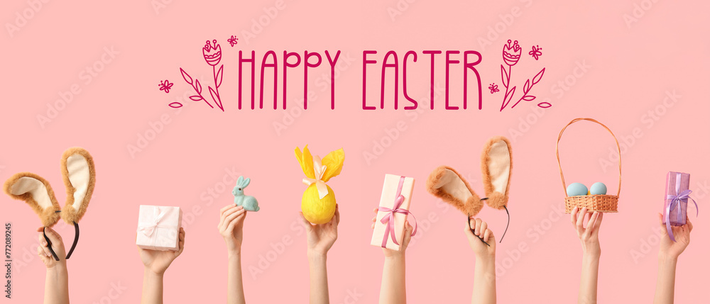 Festive banner for Happy Easter with hands holding bunny ears, gifts and eggs