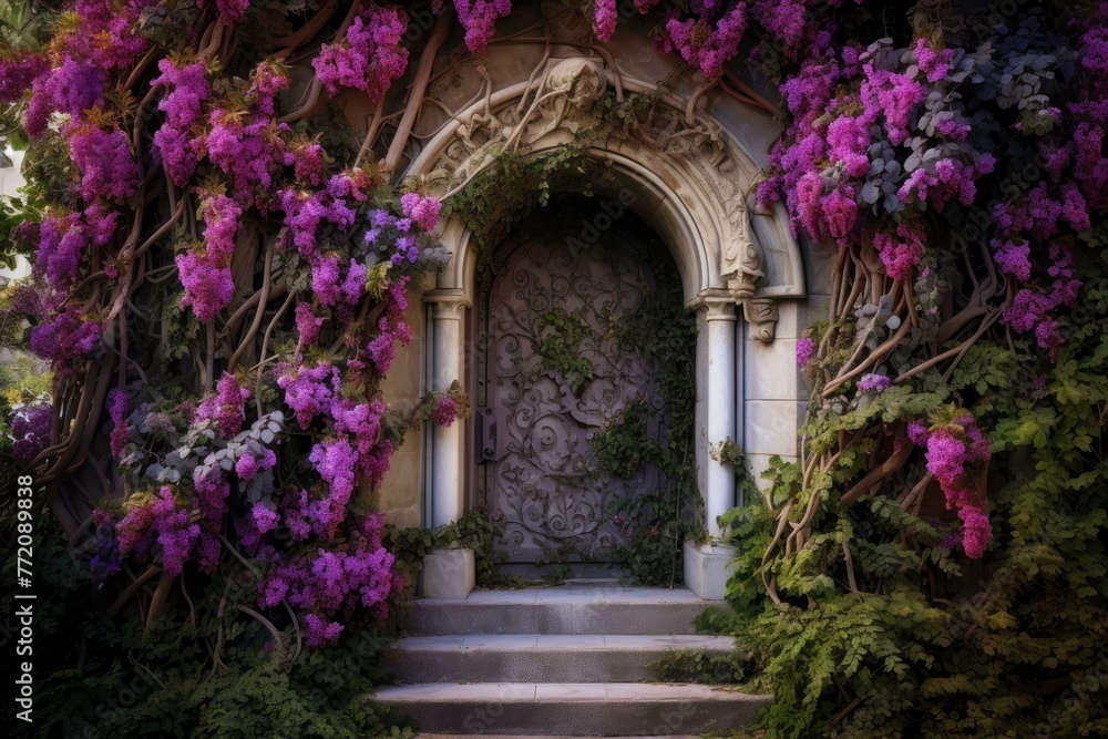 Mesmerizing Purple fairy door flowers. Castle house. Generate Ai Mesmerizing Purple fairy door flowers. Castle house. Generate Ai