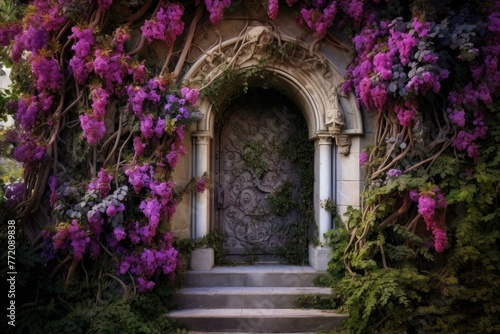 Mesmerizing Purple fairy door flowers. Castle house. Generate Ai