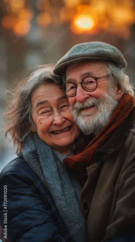 Elderly duo chuckling, sunset glow highlights expressions, closeup, gentle shadows, charcoal texture, expressionist touch , professional color grading