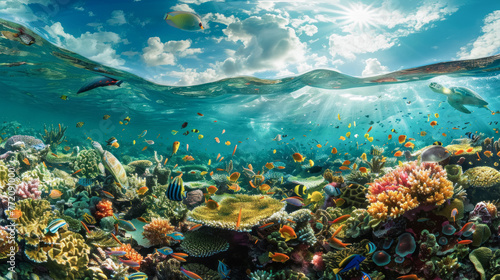 Underwater paradise captured at the split line with a vibrant coral reef bustling with marine life and a sunlit sky above