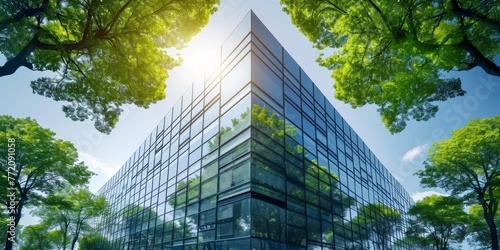 Modern city implements sustainable green building practices and encourages corporate buildings to reduce CO2 emissions by adopting eco friendly and green architecture, Generative AI