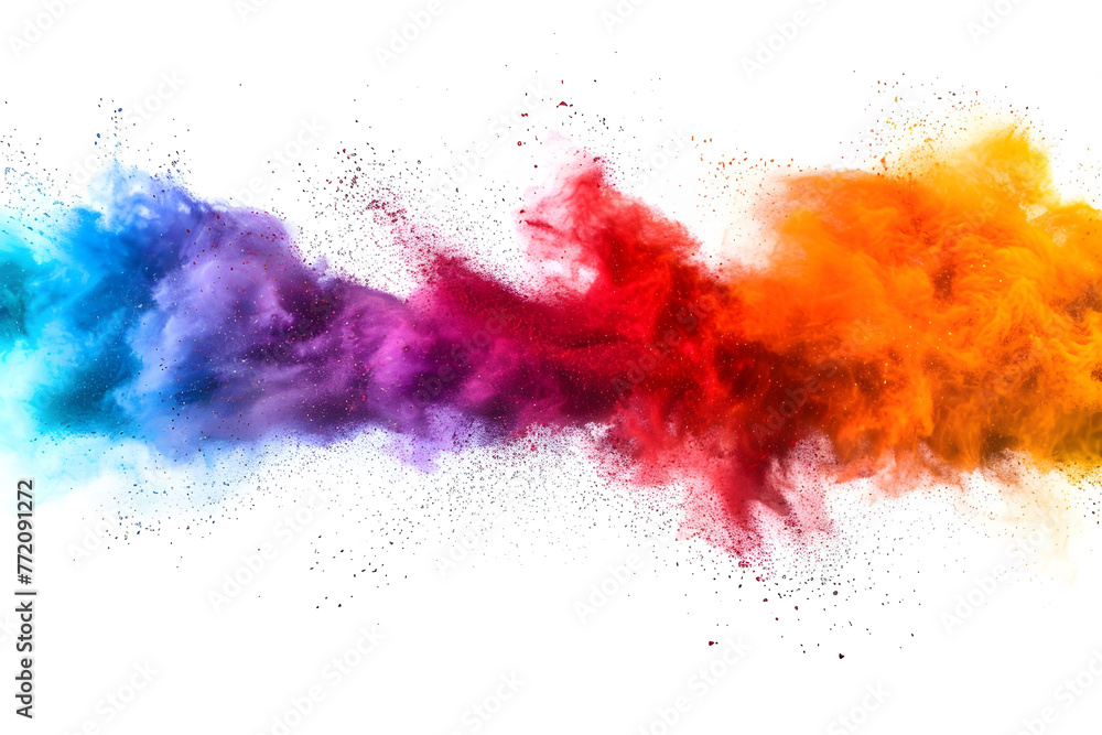 Colorful powder explosion isolated on a white background, rainbow colored powder splashing in the air. Vibrant background with copy space, a flat lay banner design. Colorful powder explosion isolated on a white background, rainbow colored powder splashing in the air. Vibrant background with copy space, a flat lay banner design.