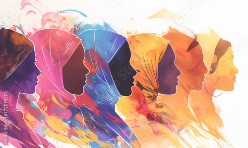 Many Women In Hijab Burqa With Shawl Covered Head  Stand Together. Abstract Colorful Art Watercolor Painting, Concept Of Gender Equality And The Female Power Banner Or Postcard Template